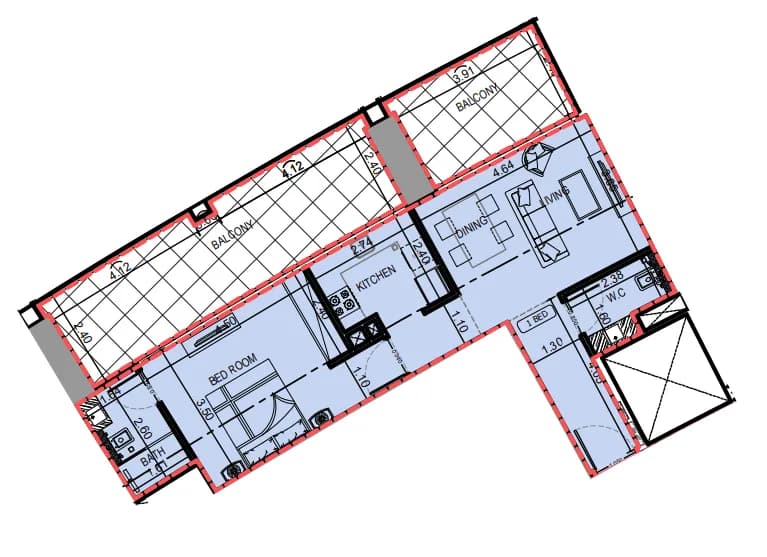 1 BR layout at Binghatti Skyrise