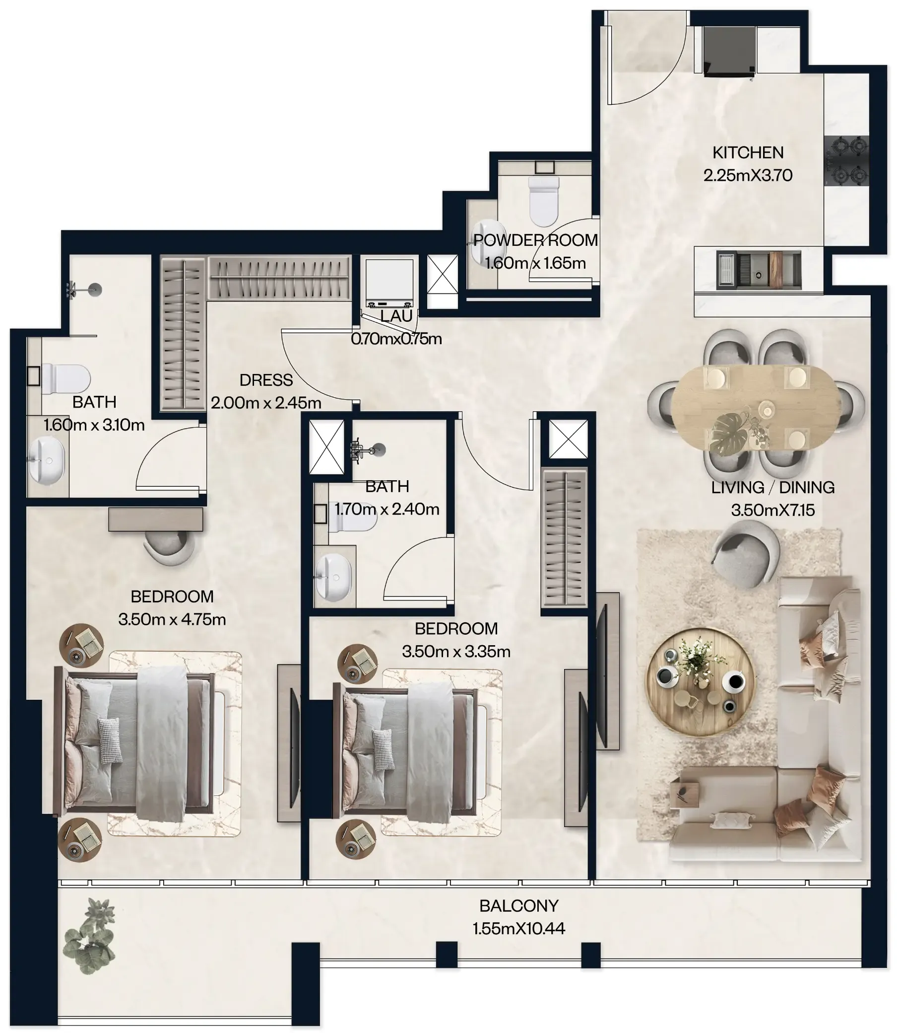 2 BR layout at Norah Residence
