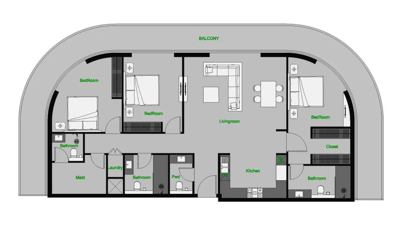 3 BR layout at The Central Downtown