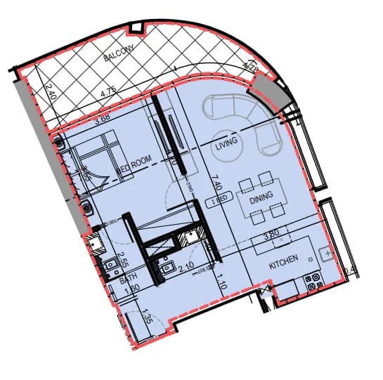 1 BR layout at Binghatti Skyrise