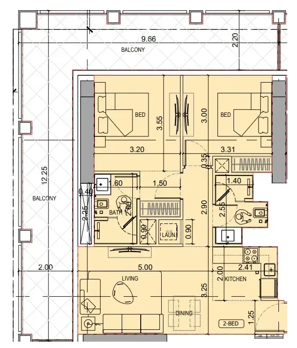 2 BR layout at Binghatti Titania