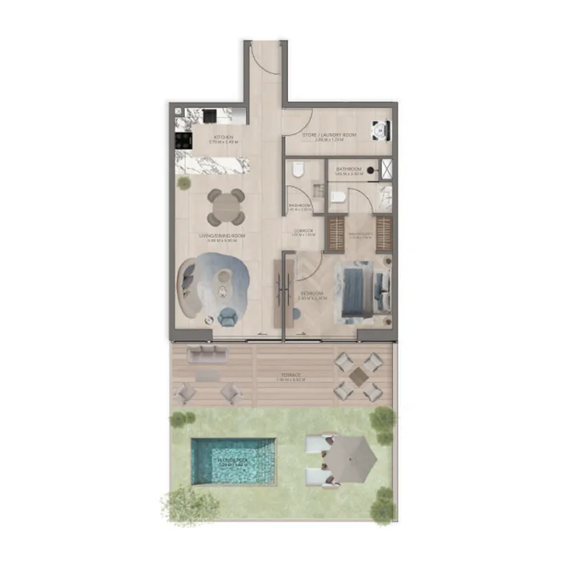 1 BR layout at Meriden Beach Residences