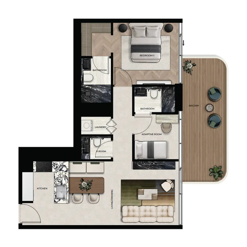 1 BR layout at Treppan Living Privé