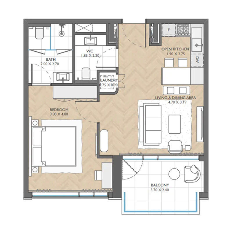 1 BR layout at The Collective