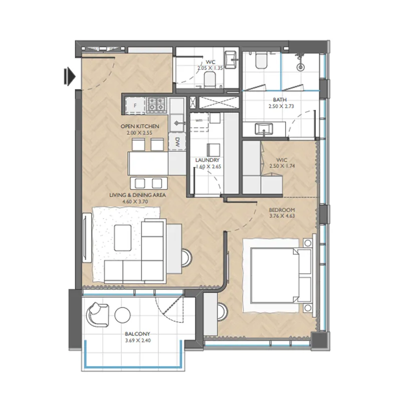 1 BR layout at The Collective
