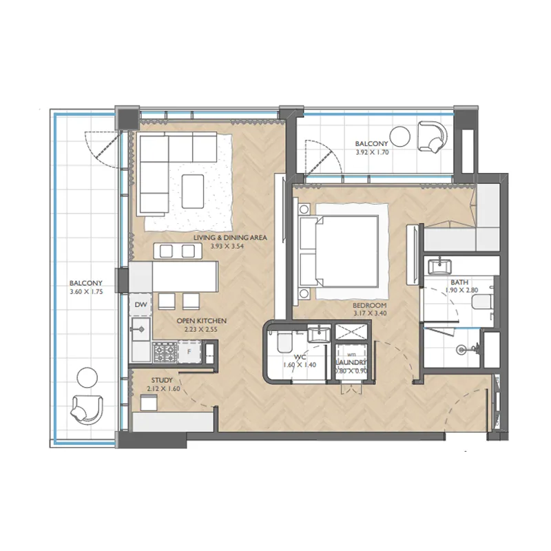 1 BR layout at The Collective
