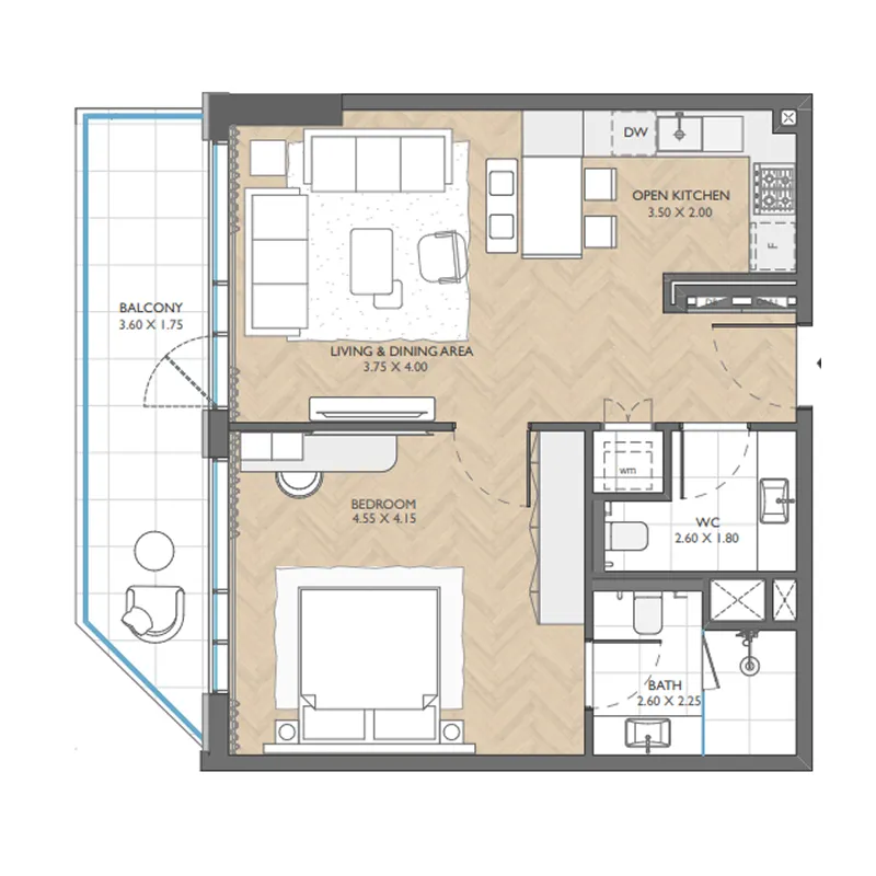 1 BR layout at The Collective