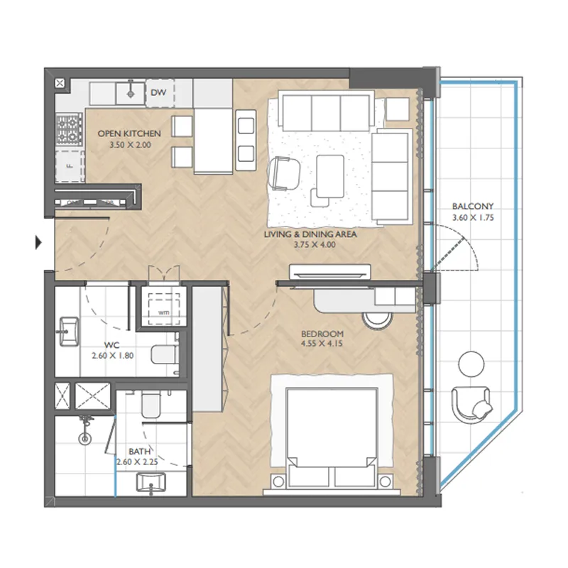 1 BR layout at The Collective