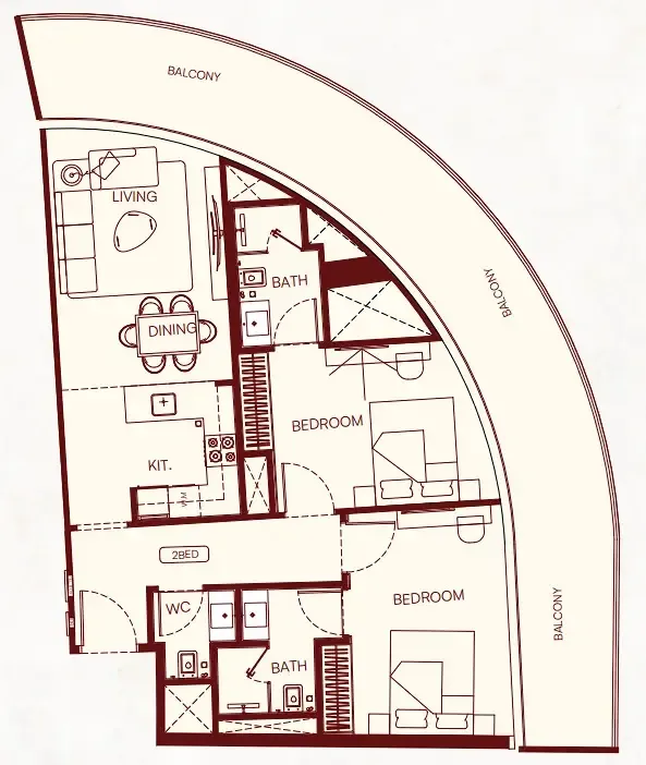 2 BR layout at Binghatti Skyflame
