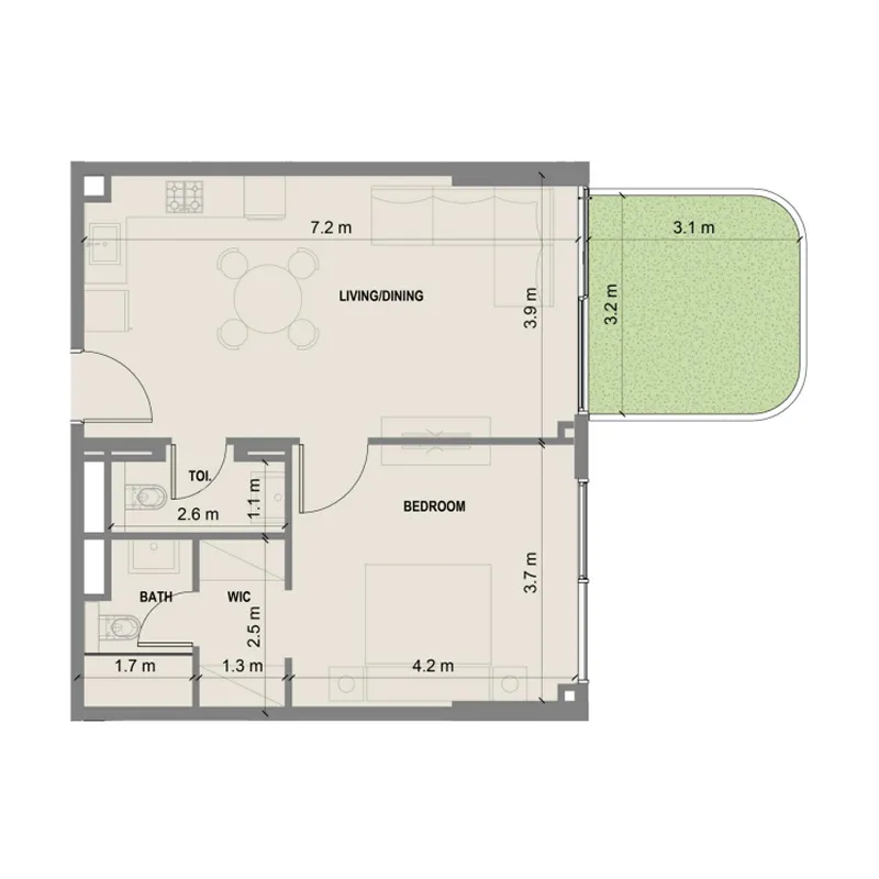 1 BR layout at Blue Marina Residence