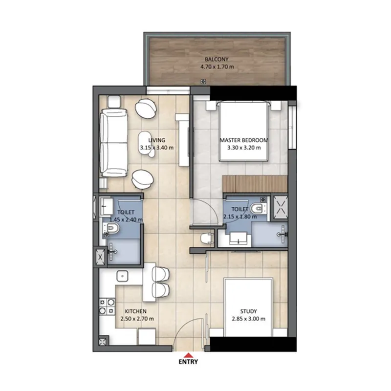 1 BR layout at Tranquil Wellness Tower