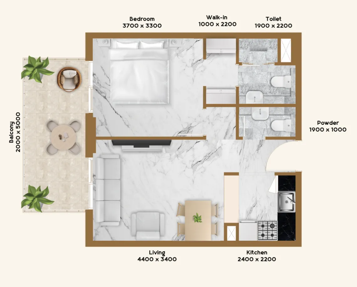 1 BR layout at RR Residence