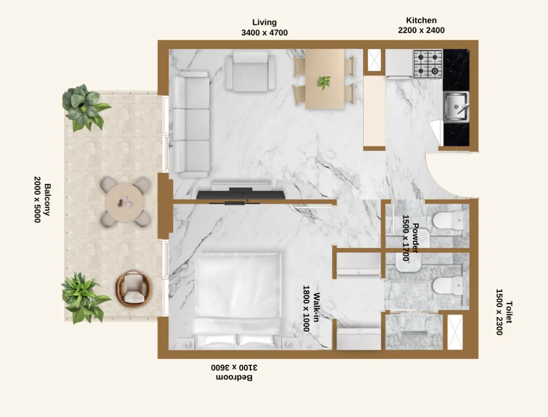 1 BR layout at RR Residence