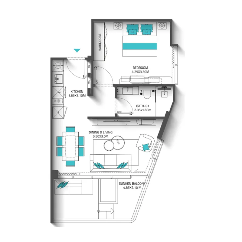 1 BR layout at Reef 998
