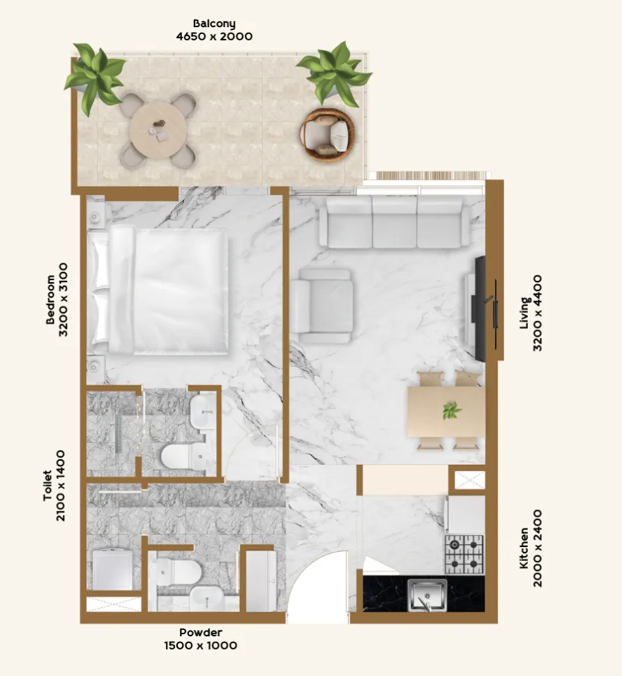 1 BR layout at RR Residence