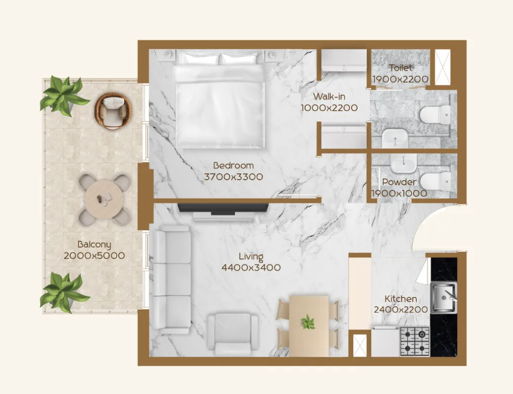 1 BR layout at RR Residence