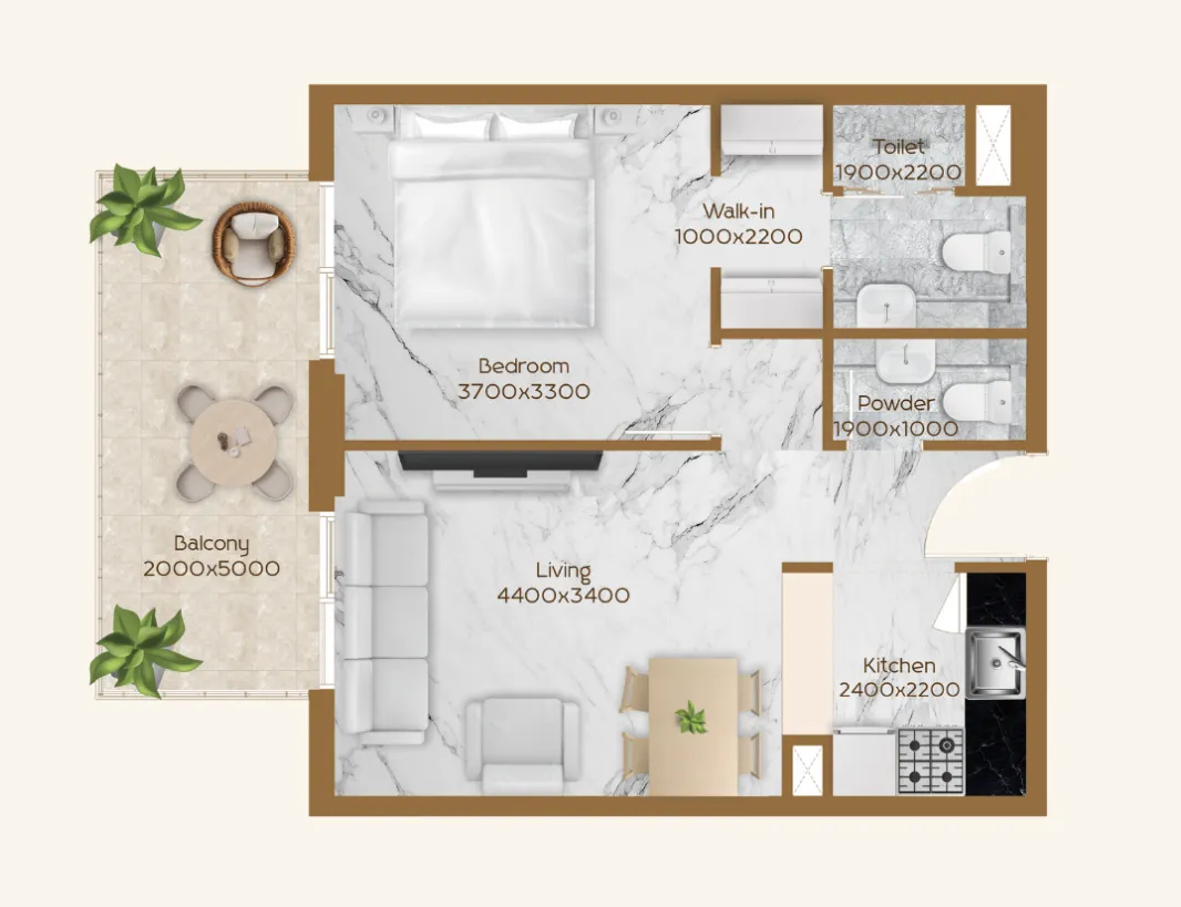 1 BR layout at RR Residence