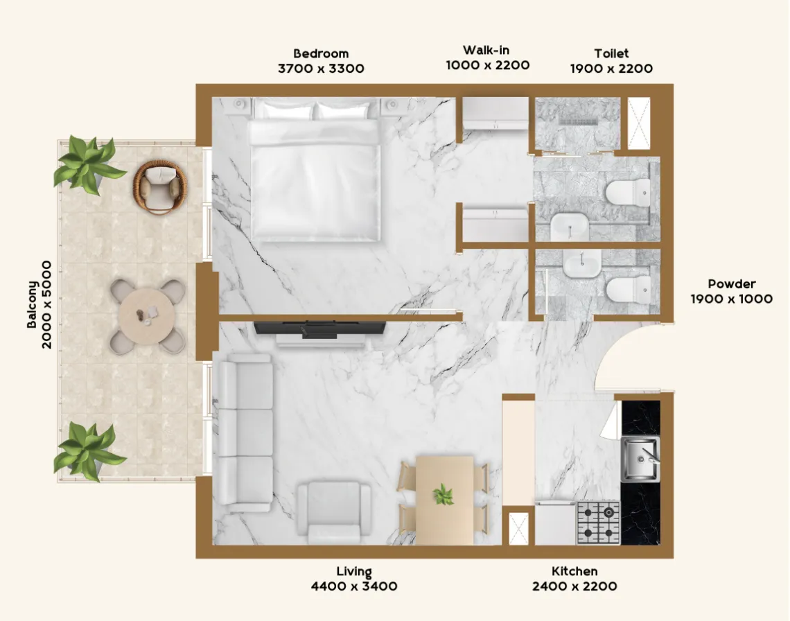 1 BR layout at RR Residence