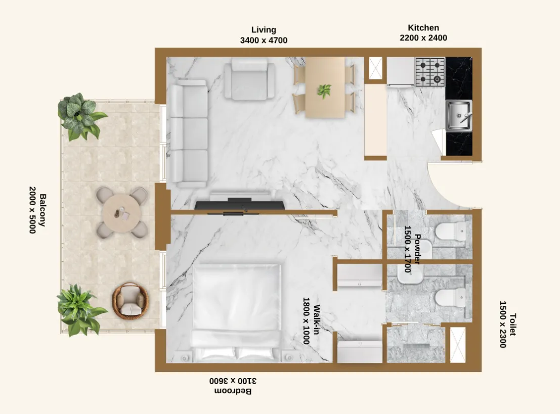1 BR layout at RR Residence