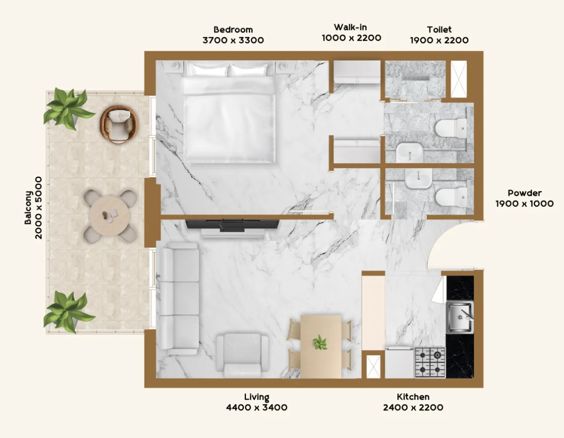 1 BR layout at RR Residence