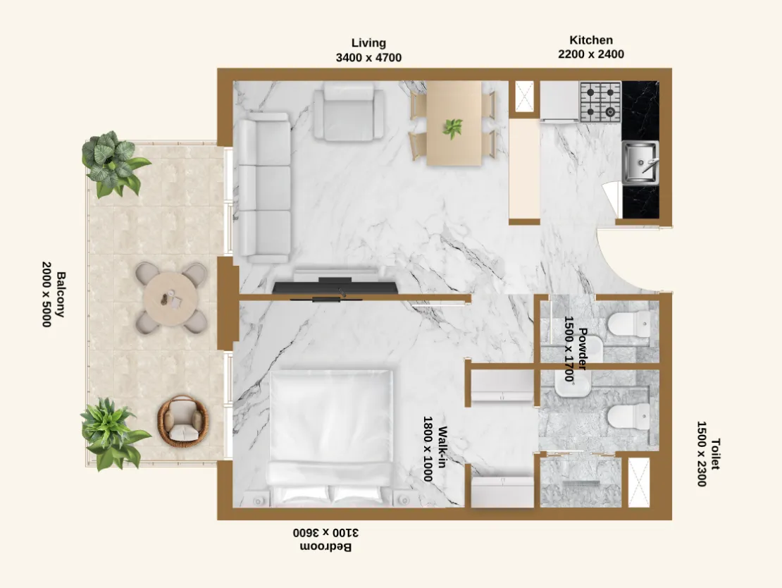 1 BR layout at RR Residence