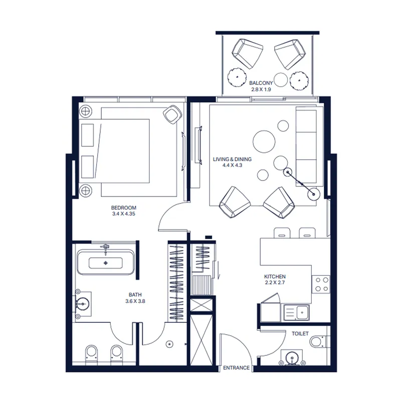 1 BR layout at The Atria