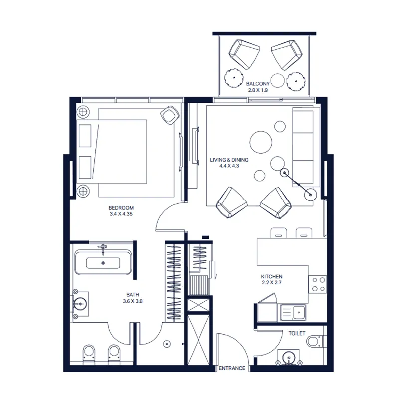 1 BR layout at The Atria