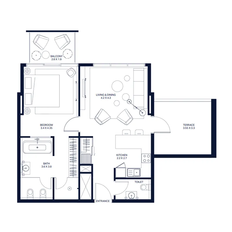 1 BR layout at The Atria