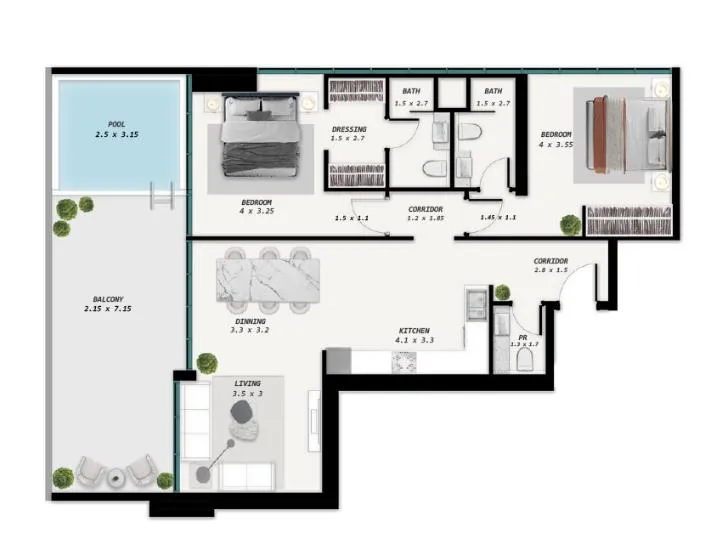 2 BR layout at Samana Park Meadows