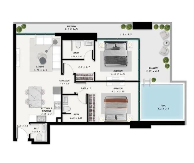 2 BR layout at Samana Park Meadows