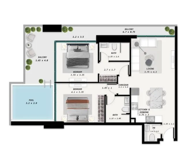 2 BR layout at Samana Park Meadows