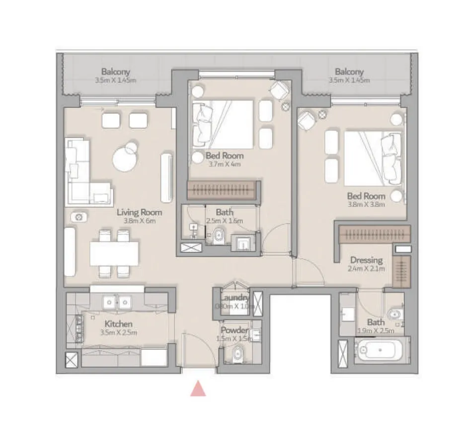 2 BR layout at South Square Tower S1
