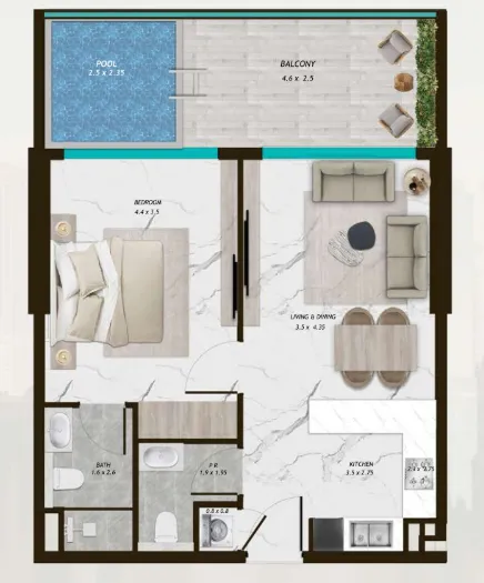 1 BR layout at Samana Parkville
