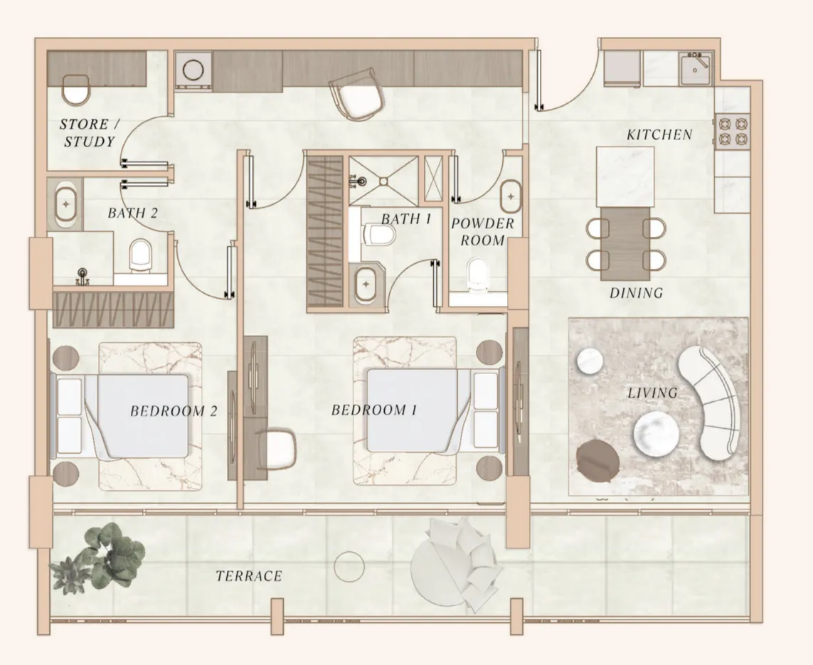2 BR layout at La Cle by MAAIA