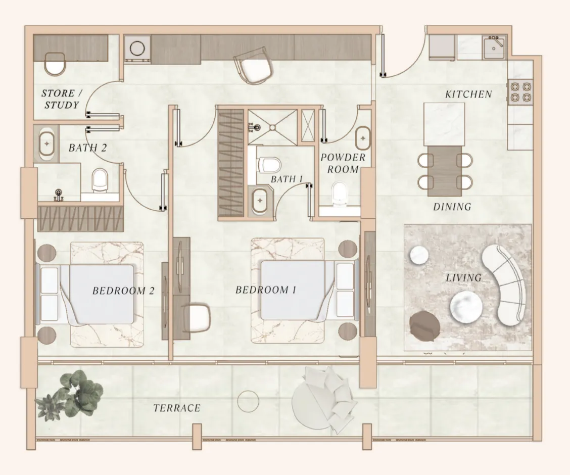 2 BR layout at La Cle by MAAIA