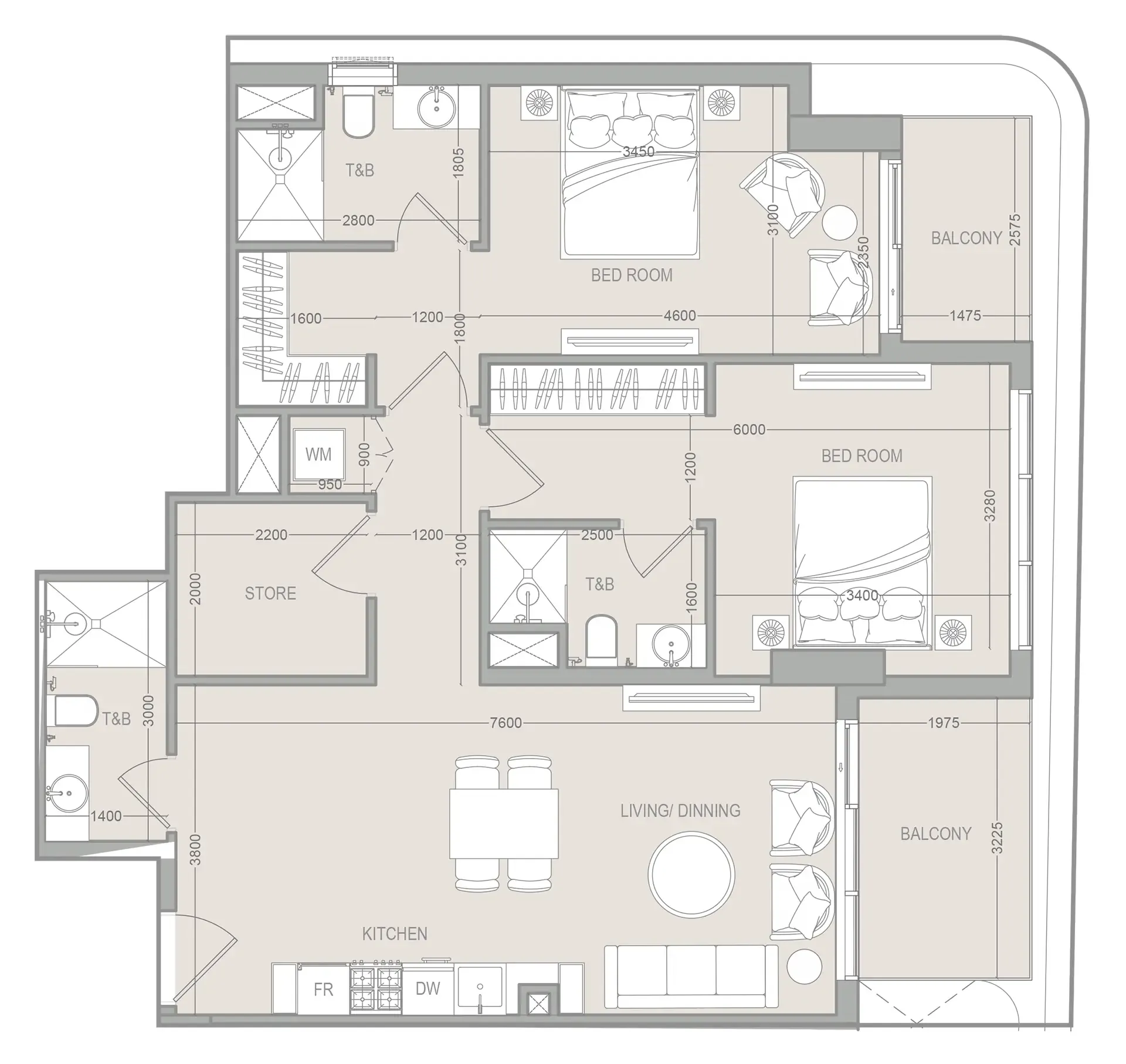 2 BR layout at FLU1D ONE