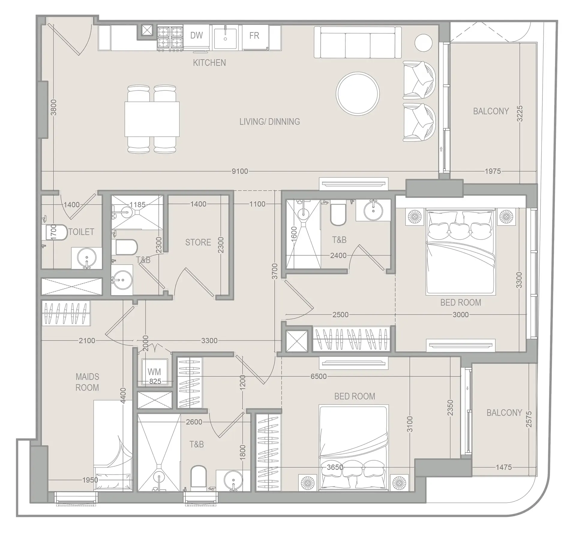 2 BR layout at FLU1D ONE