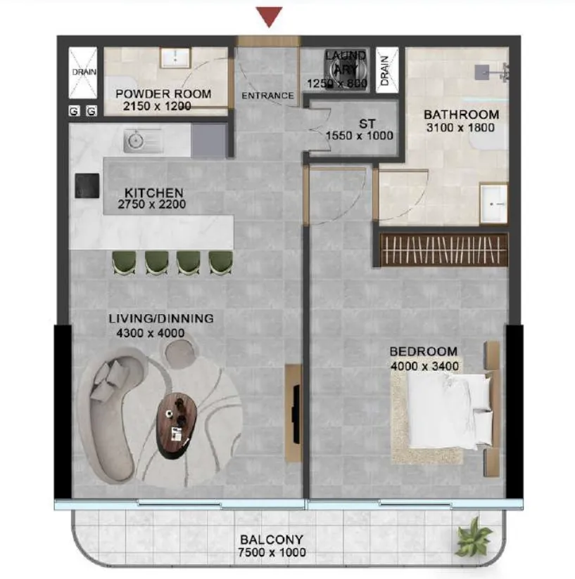 1 BR layout at Vivanti Residences by Meteora
