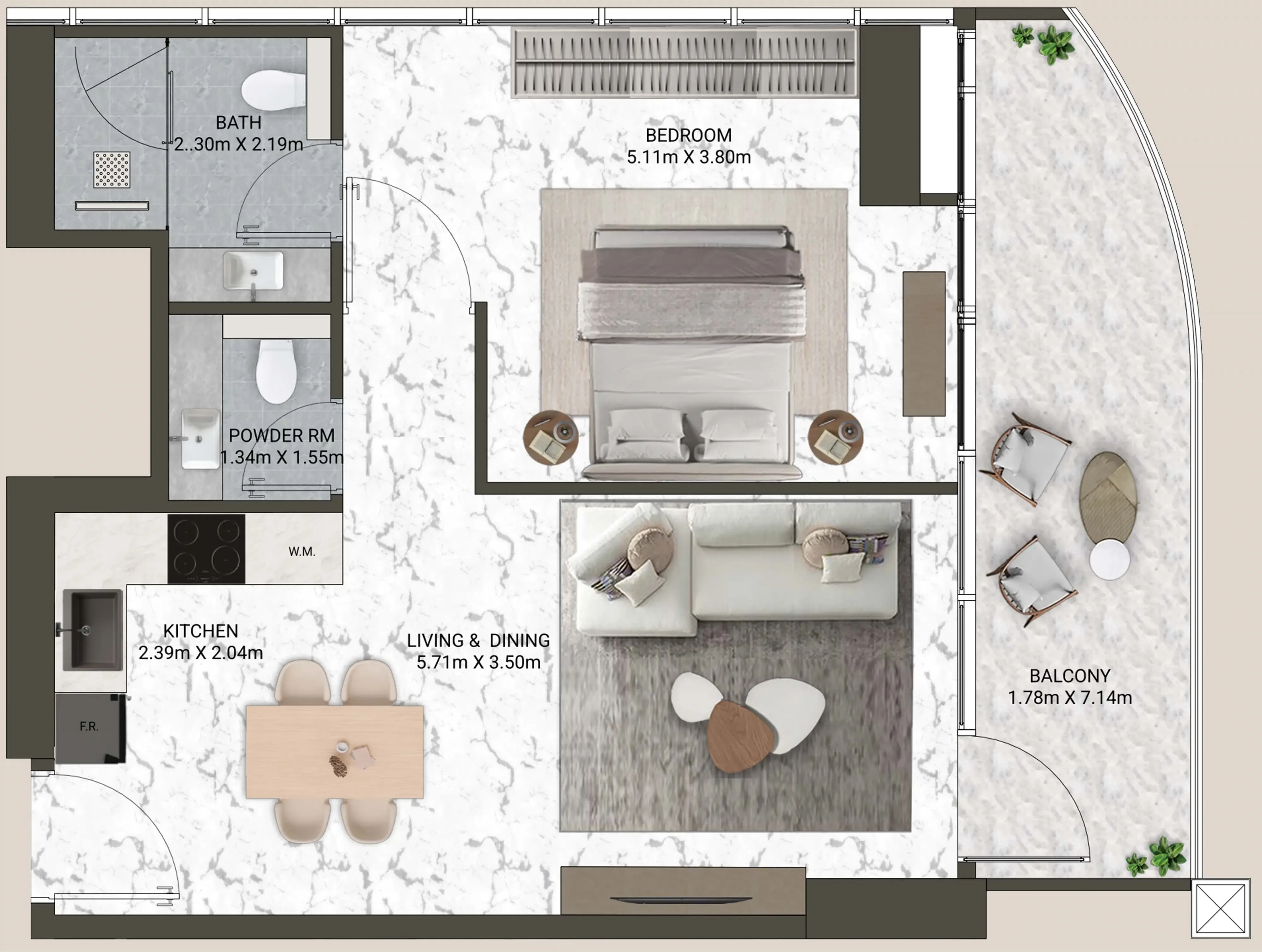 1 BR layout at V-Suites