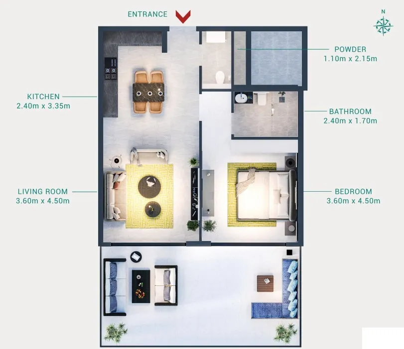 1 BR layout at Milos