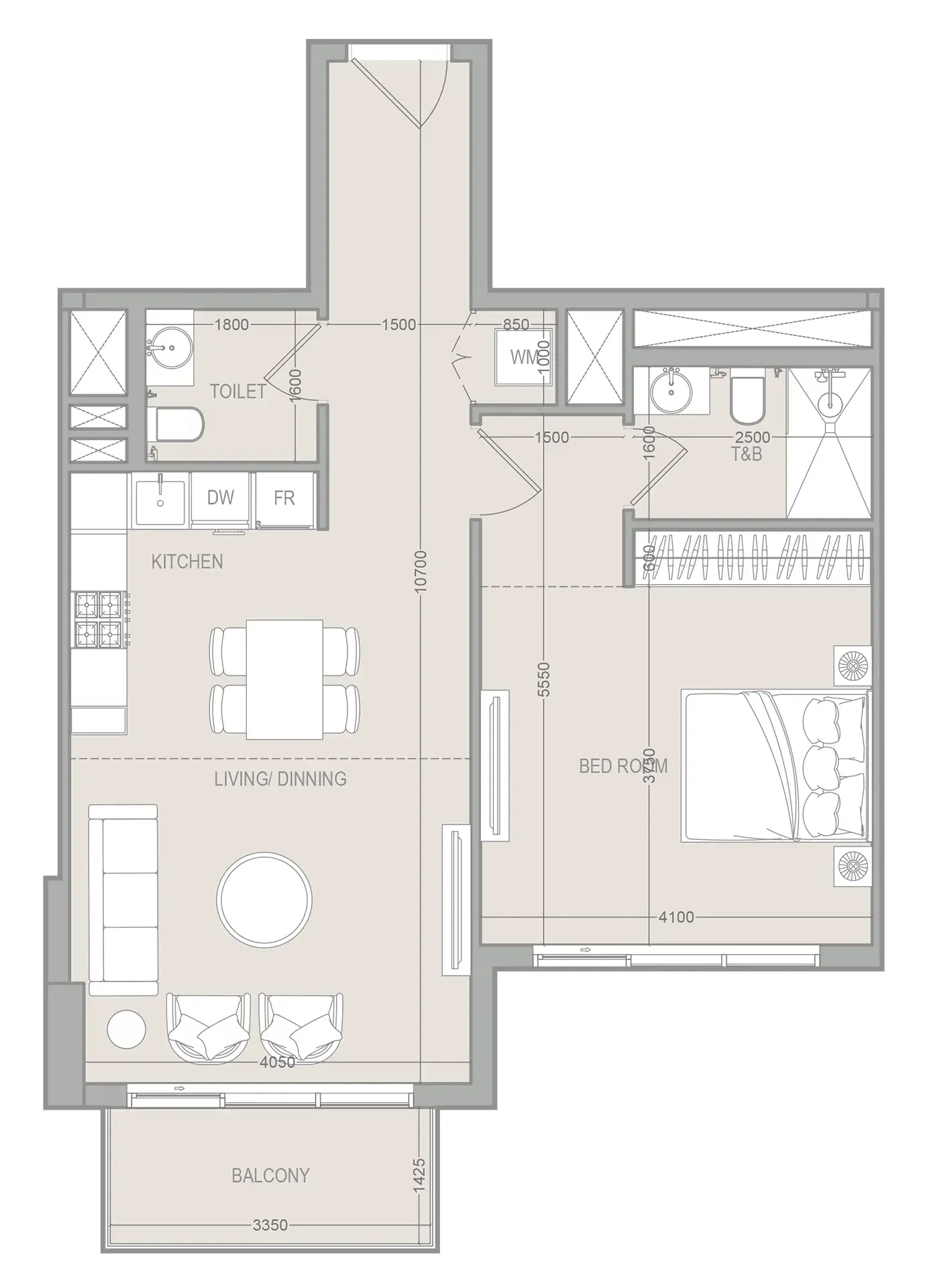 1 BR layout at FLU1D ONE