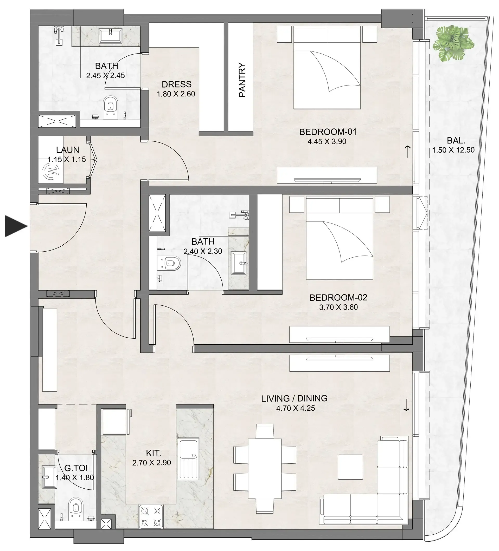 2 BR layout at Luzora Residence