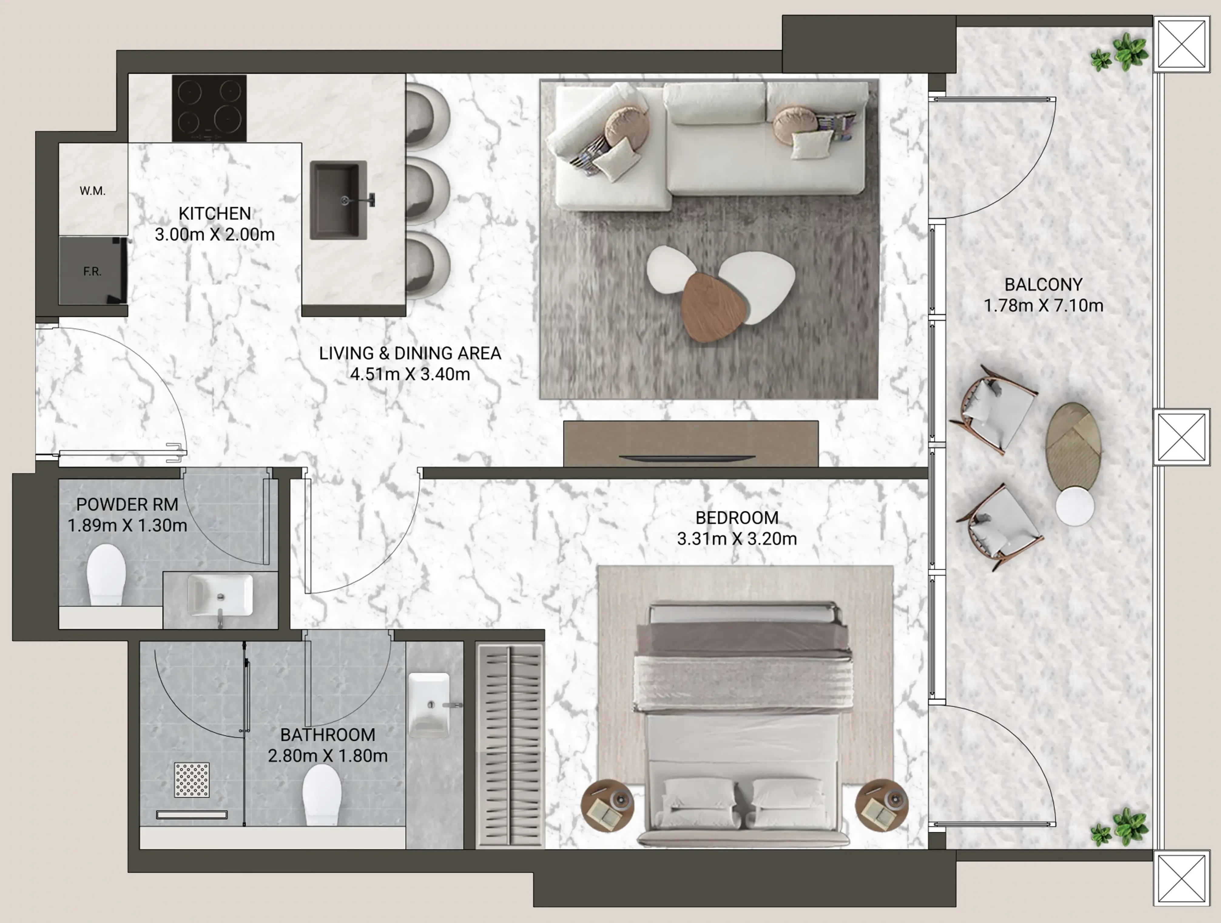 1 BR layout at V-Suites