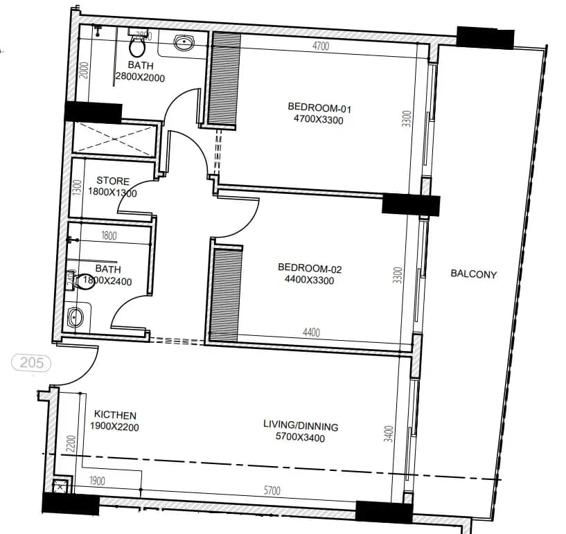 2 BR layout at Astra South