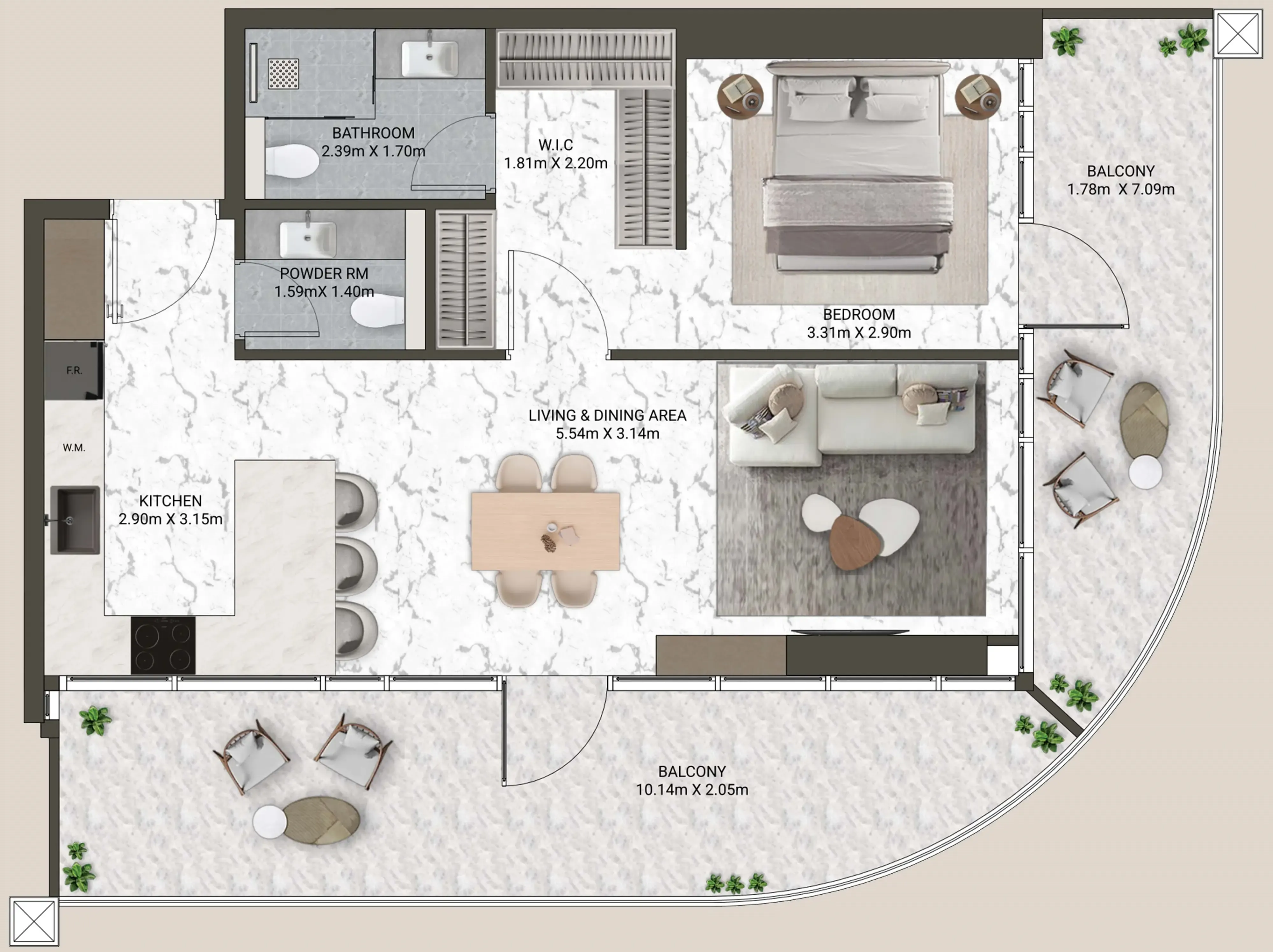 1 BR layout at V-Suites