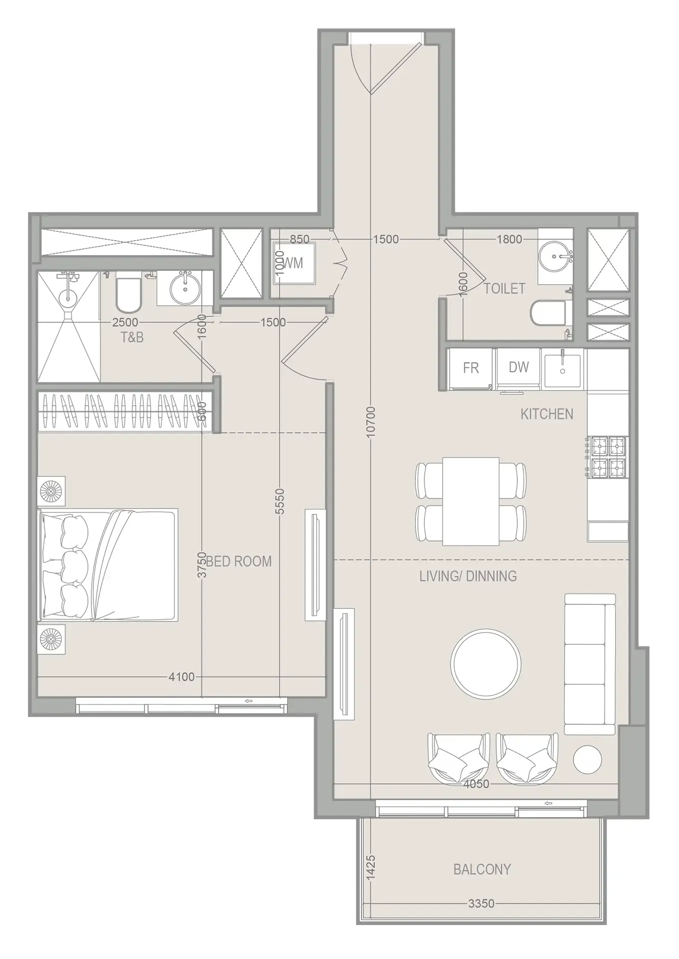 1 BR layout at FLU1D ONE