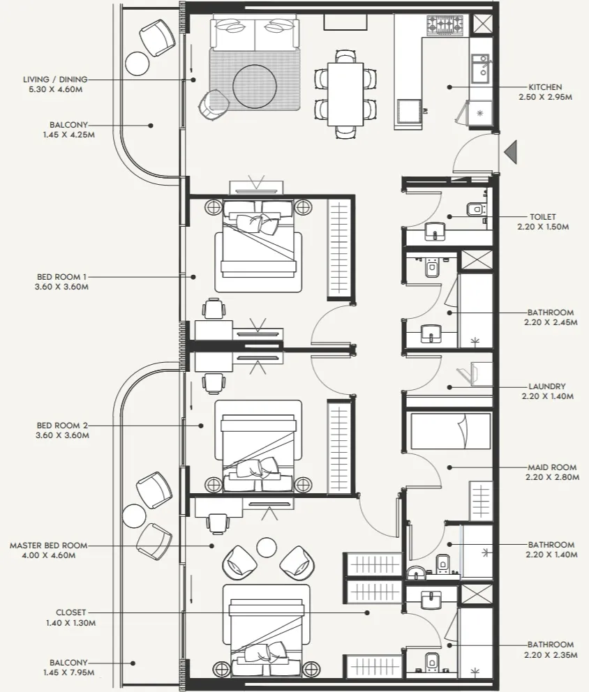 3 BR layout at Azizi Amir