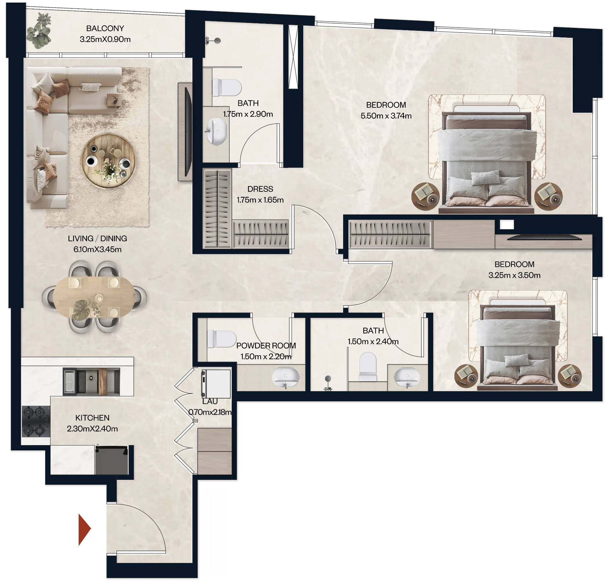 2 BR layout at Norah Residence