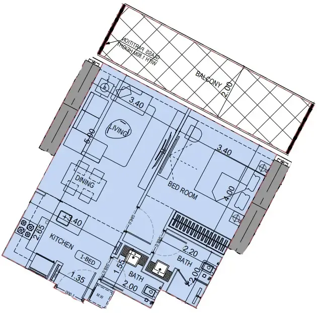 1 BR layout at Binghatti Flare