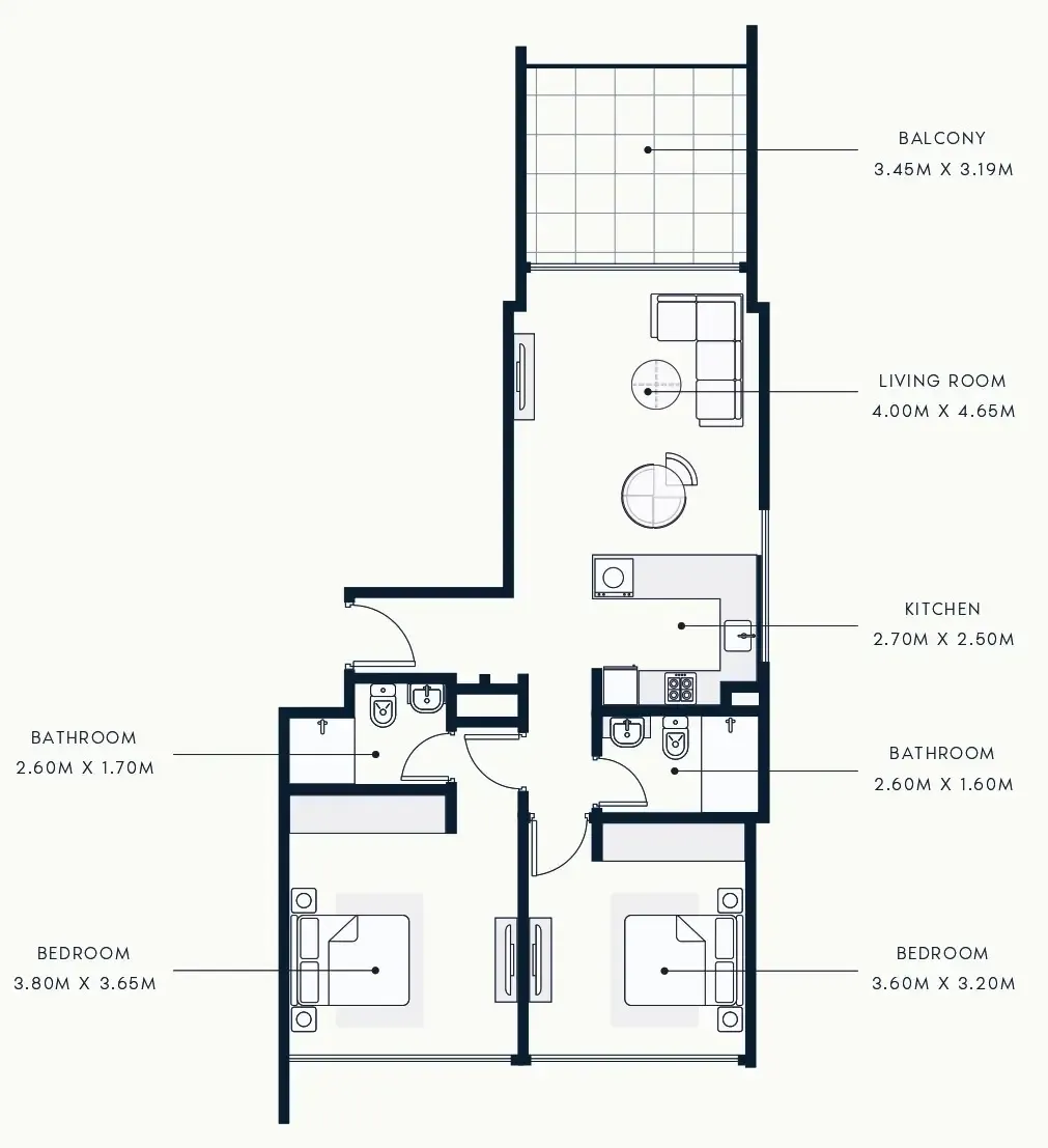 2 BR layout at Riviera Beach Front